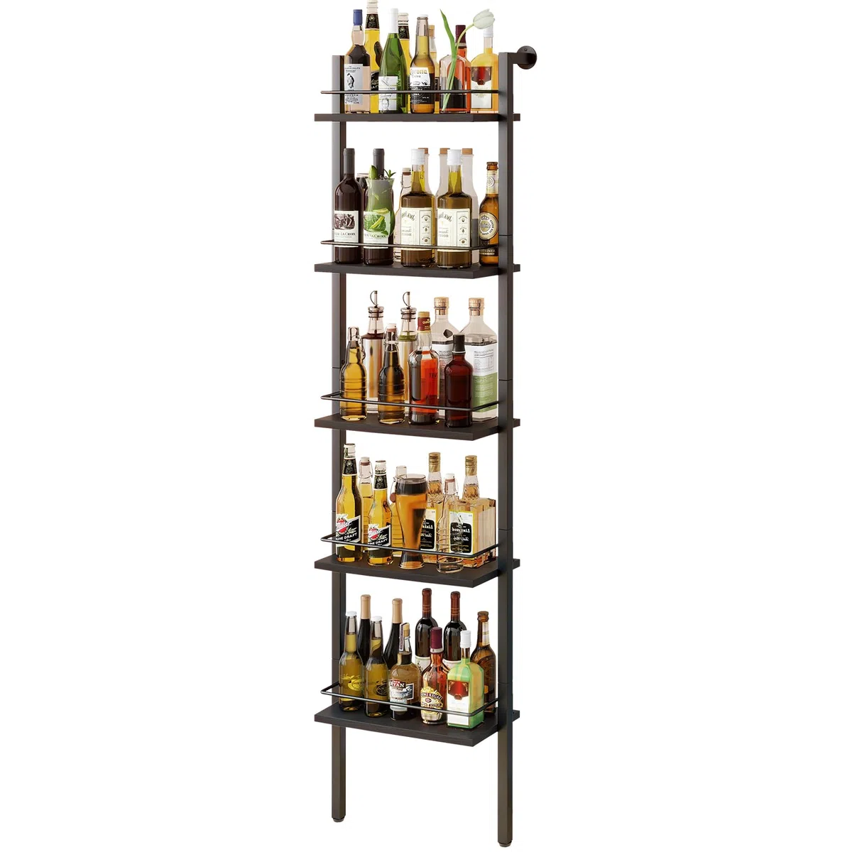 YMYNY 5-Tier scaffali di vino indipendenti, scaffale di esposizione bottiglie di liquore con recinzioni, scaffale galleggiante montato a parete per la cucina, 43 x 20 x 177CM Nero HWR001B