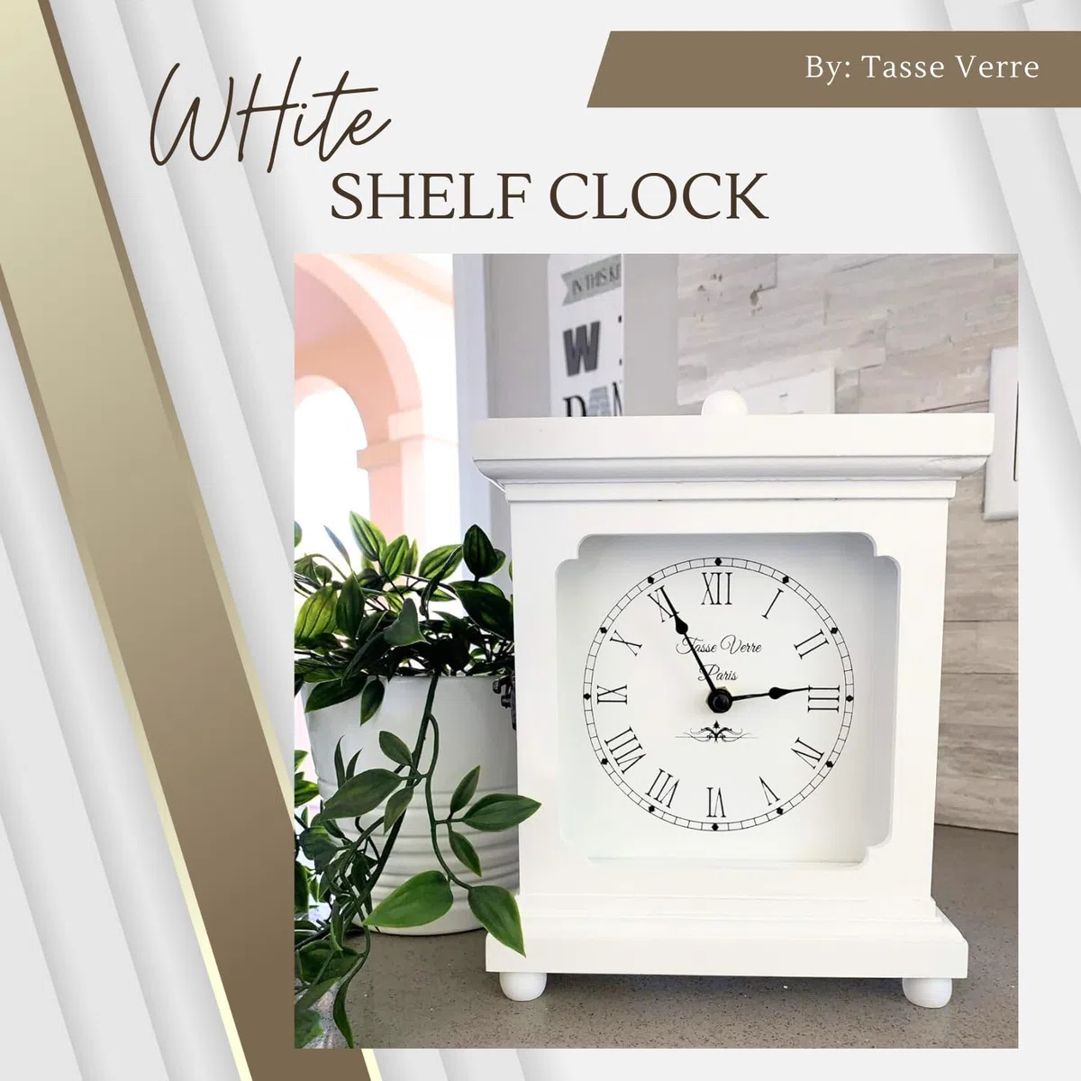 Tasse Verre, orologio bianco, da mensola o scrivania, 22,9 x 17,8 cm, in legno, meccanico, silenzioso, da ufficio, camera da letto, caminetto, soggiorno. Funzionamento a batteria AA non digitale