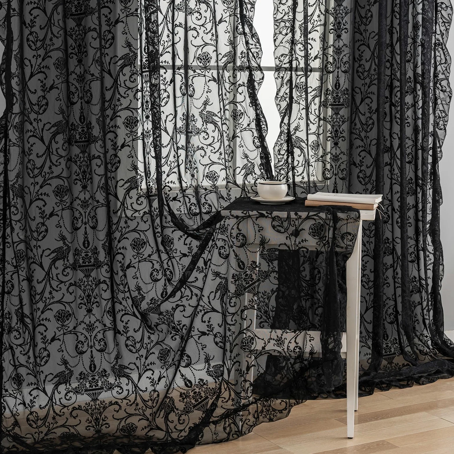 TUDECO Tende gotiche nere per camera da letto, tende in pizzo trasparente stravagante lunghezza 183 cm vintage floreale moody tende per Halloween, privacy, tasca per asta, tende in pizzo flitering 2