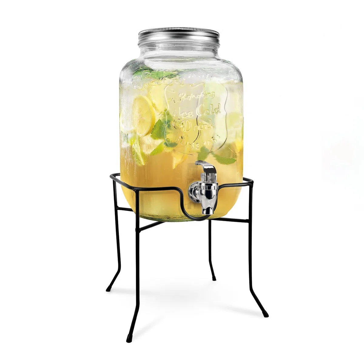 Jocca, Dispenser per Bevande in Vetro con Supporto Metallico, Serbatoio dell'acqua, Tappo a vite, Bevande Varie, Acqua, Succhi, Ghiaccio, Frutta, Cocktails, Infusi, 4 Litri