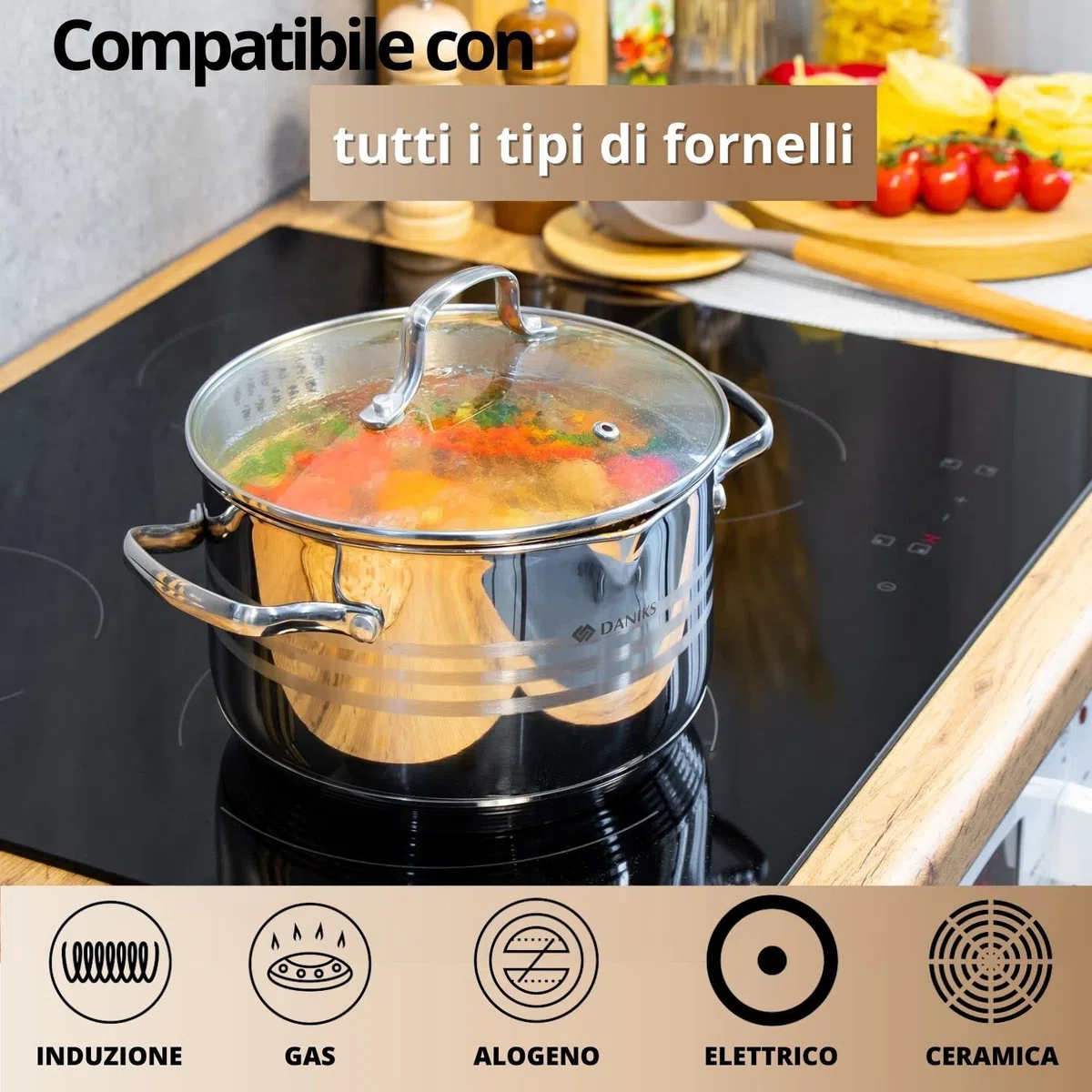 Daniks Tokio Pentola Acciaio Inox con Coperchio, 4.75 L Ø 22 cm, Pasta con Scolapasta Incorporato, per Induzione e Gas, Scala di Misura, Argento
