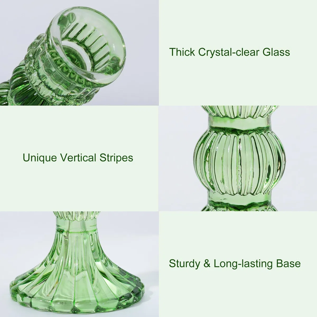 Lewondr Set di Candelabro in Vetro Trasparente, 3 Pezzi Accessori Decorazioni Tavolo Porta Candele, Candelieri con Design a Strisce Verticali per Tavolo, Casa, Matrimoni, Feste, Verde