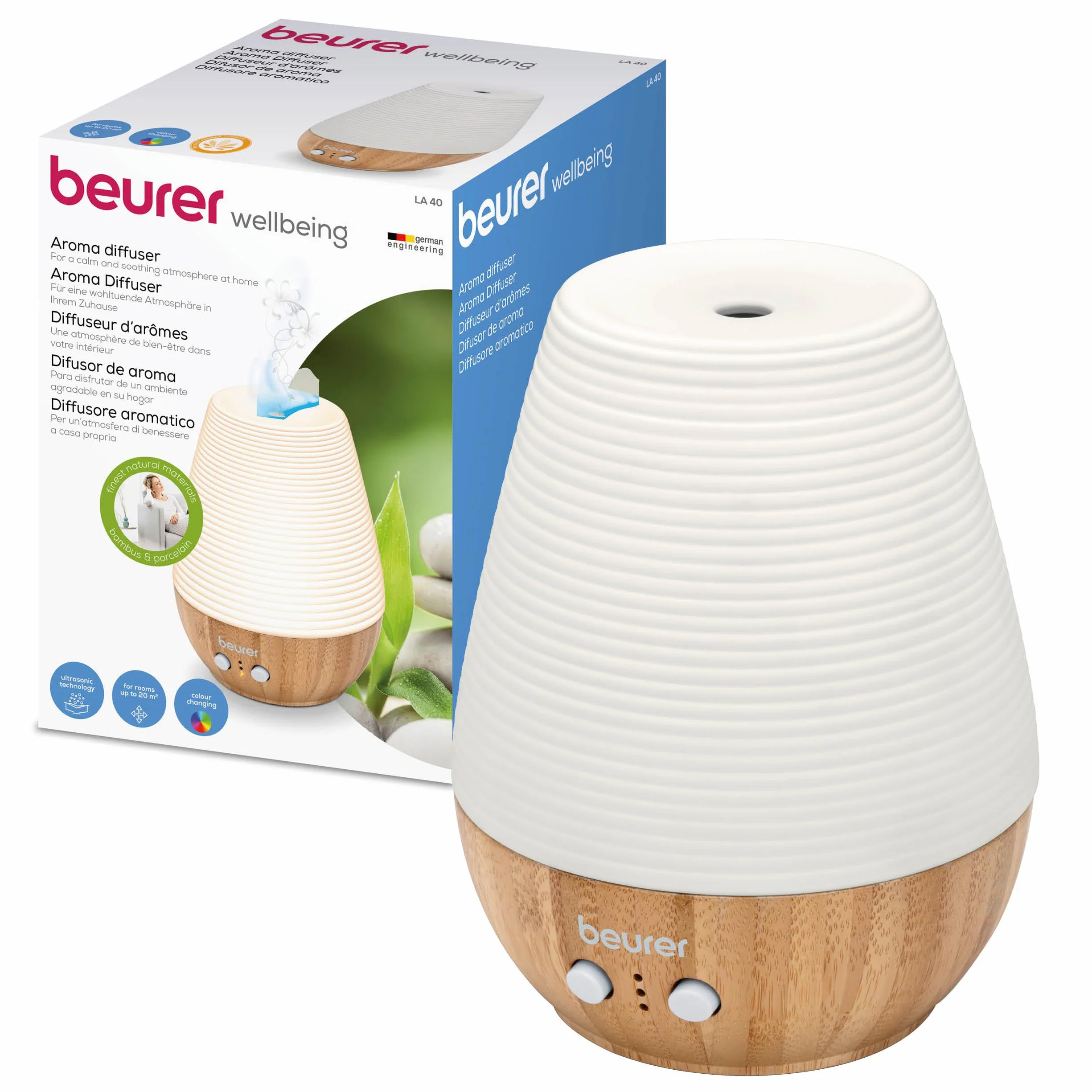 Beurer LA 40 Diffusore Aromatico Ultrasuoni con LED Colorato 7 Colori, Bambù Porcellana, Timer 1-3-7h, 180ml, Silenzioso 12W, Aromi Idrosolubili, Ambienti fino 20m², con Spegnimento Automatico