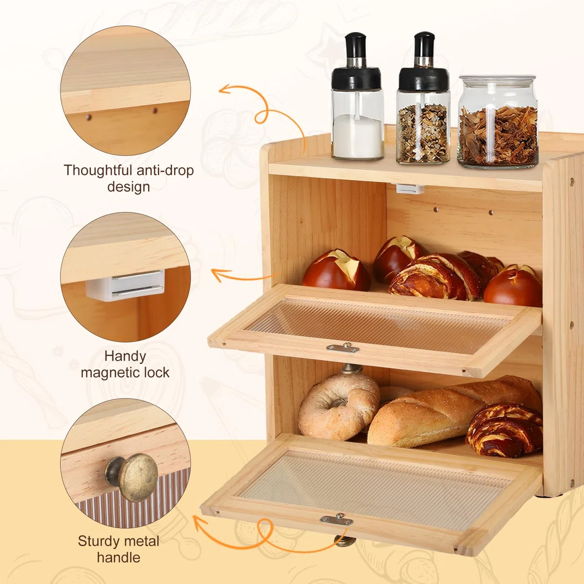 Contenitore per il Pane Doppio Strato per il Piano di Lavoro della Cucina, Portapane in Legno con Finestre, Scatola per Alimenti Secchi con Prese D'aria per Mantenere il Pane Fresco(Legno)