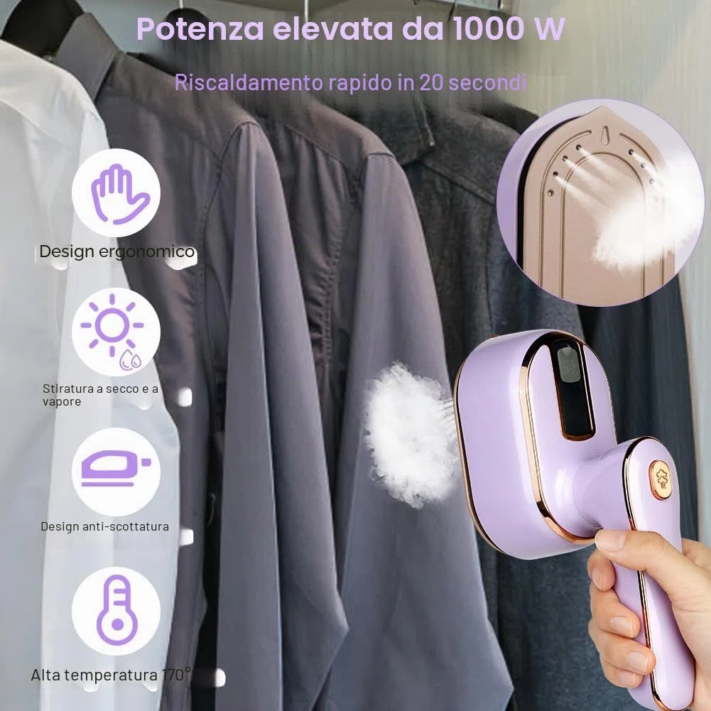 AUAUY Ferro da stiro a vapore Mini, 1000 W, pieghevole, portatile, con serbatoio dell'acqua da 100 ml, ferro da stiro a secco e a umido, piccolo ferro da stiro a vapore per casa e in viaggio (viola)