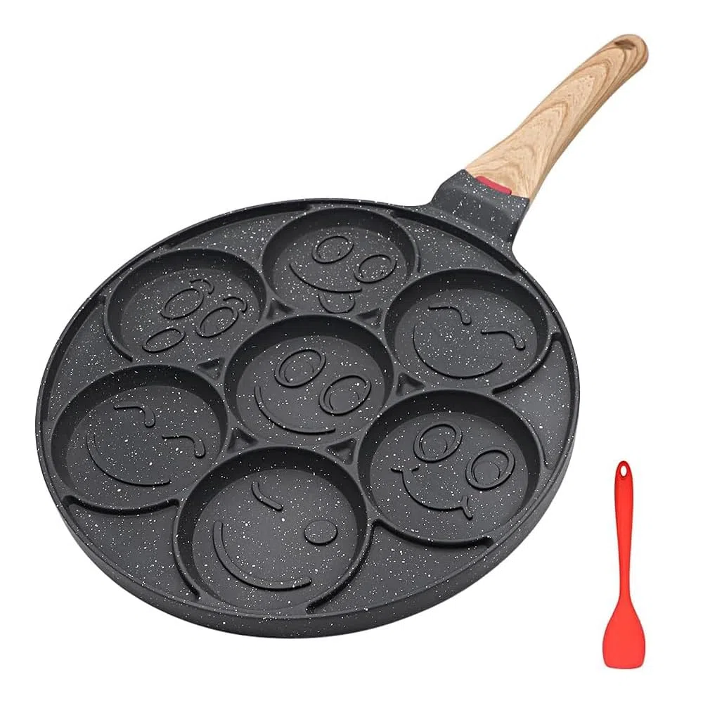 Padella Pancake Induzione Smile, Pancake Piastra Smiley Antiaderente 7 Fori Padella Frittata Piatto Colazione per Bambini 26 cm - Nero