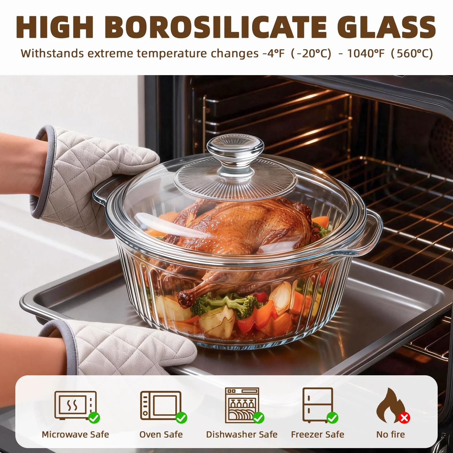 Luvan Pirofila in Vetro 2,4 L / 2,5 QT – Pirofila Rotonda con Coperchio e Manici, Teglia in Vetro Trasparente senza Piombo, Adatta a Forno e Lavastoviglie