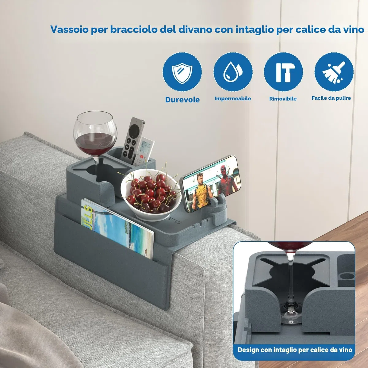 CLESOO Porta Tazze da Divano, Vassoio Portaoggetti Con Doppie Tasche Laterali, Porta Telecomando in Silicone Antiribaltamento, Organizzatore per Tazza Telefono Tablet Snack