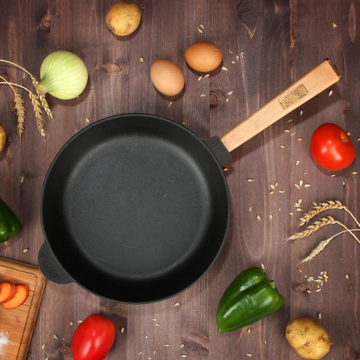 Padella in ghisa, diametro 24 cm, altezza 62 mm, con manico in legno, padella in ghisa a induzione, padella in ghisa, adatta per barbecue a gas, forno, focolare e tutti i piani cottura, con induzione