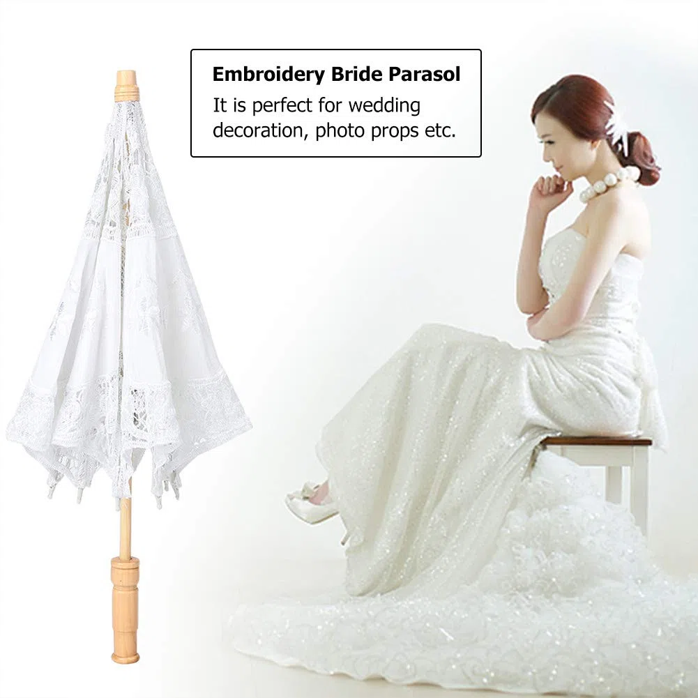 Zerodis Ombrello da Sposa in Pizzo, Parasole Decorativo Fatto a Mano, Manico in Legno, Bianco