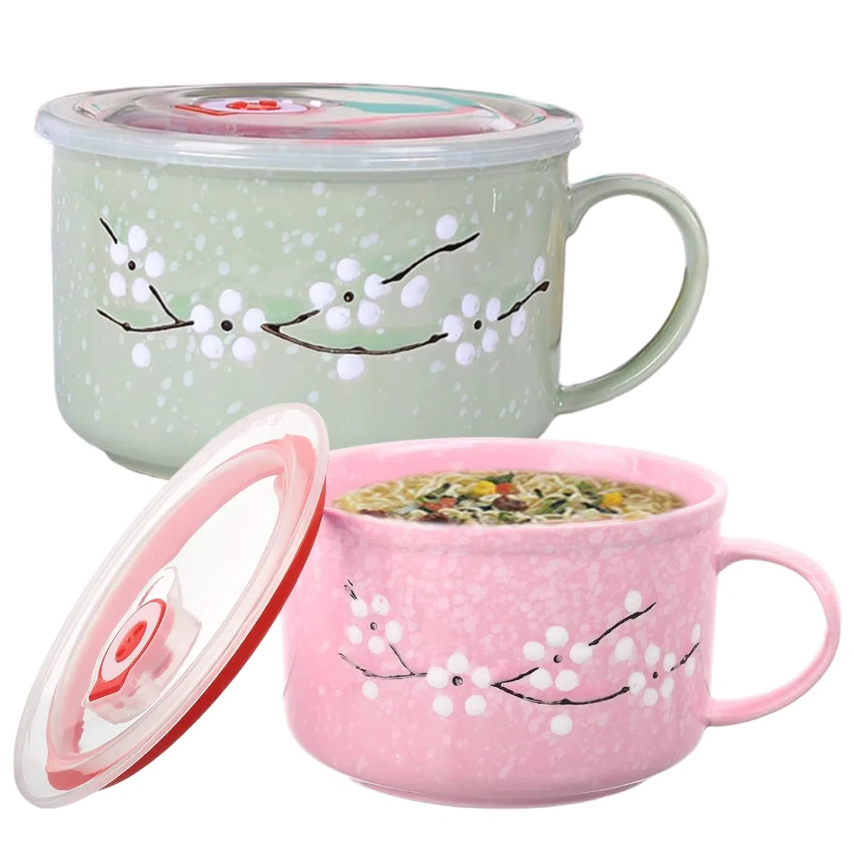 2 ciotole per zuppa con manici 800 ml/28 oz sigillatura tazza da zuppa resistente al calore per microonde con coperchio tazza da viaggio in ceramica floreale Wintersweet per porridge di ramen, ciotol