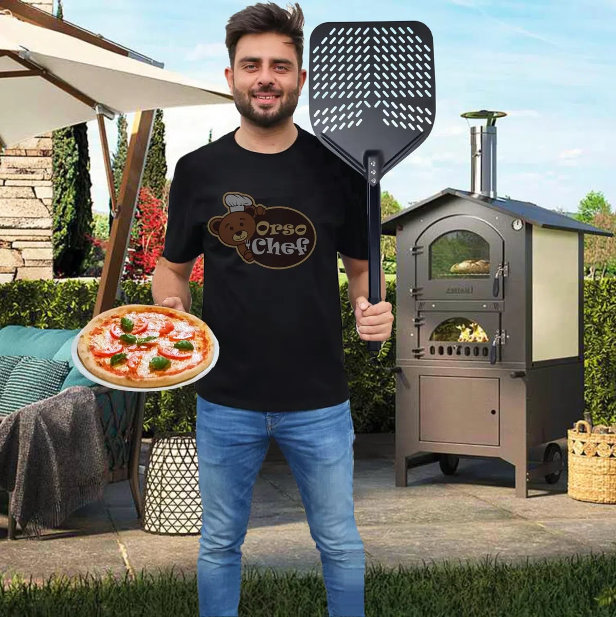 Pala per Pizza doppia misura 79-110 Cm. Pala in Alluminio, Pala pizza forata - Nuova foratura Professionale per infornare pizza pane e focaccia Orso Chef