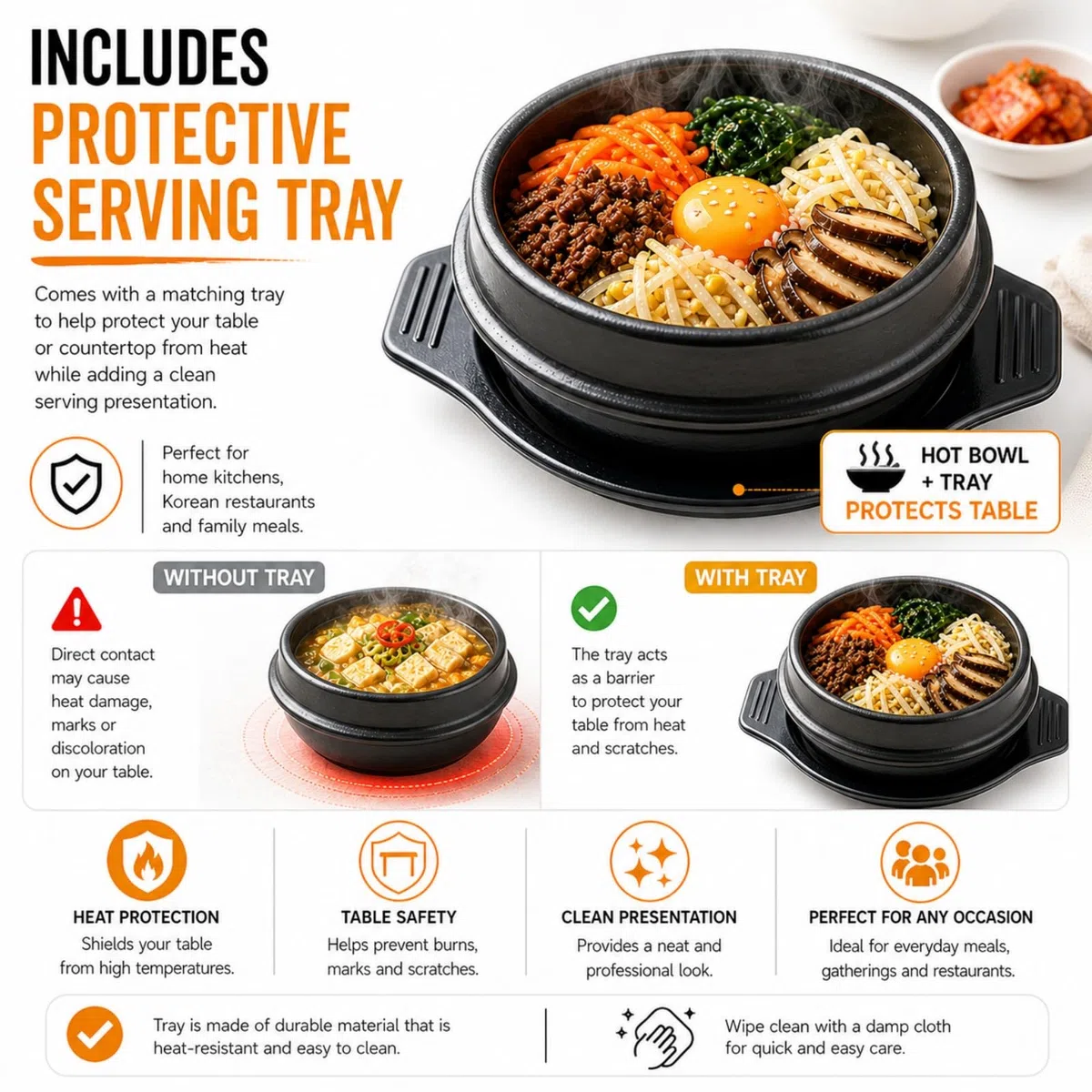 Ciotola di pietra (spodumene), coreana, per bibimbap, resistente alle alte temperature, con vassoio, Ceramica, Black, 1500ml