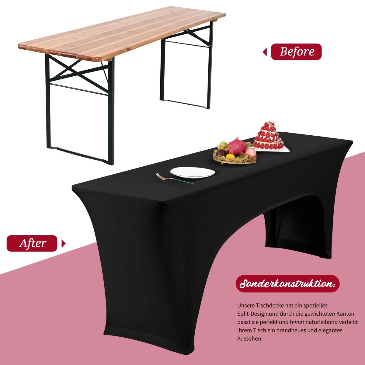 YMHPRIDE Confezione da 2 copritavolo elastico per tavolo da birra, colore nero, impermeabile, set da 70 cm di larghezza, set da birra, set da 220 x 70 x 70 cm, per rivestimenti da giardino e da