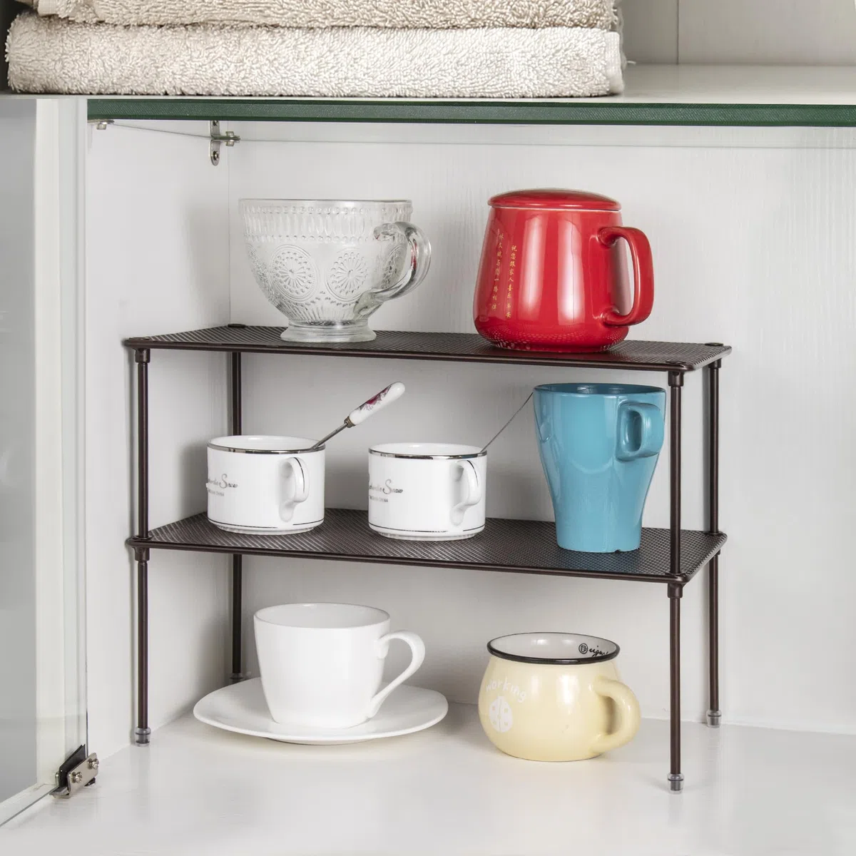 Lonian Confezione da 2 organizer per armadietti da cucina, espandibili e impilabili, per bagno, cucina, lavanderia (marrone)