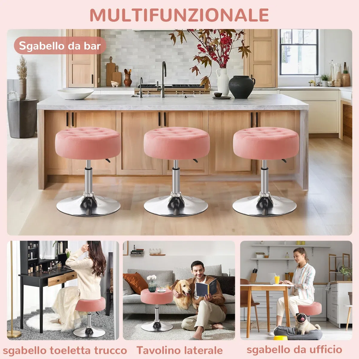 Sgabello da Trucco, Sgabello Rotondo Girevole Regolabile in Altezza, Sgabelli Toeletta Trucco Sgabelli Basso da Bar, Sedia da Cucina in Velluto per Camera da Letto Soggiorno Salone, Rosa