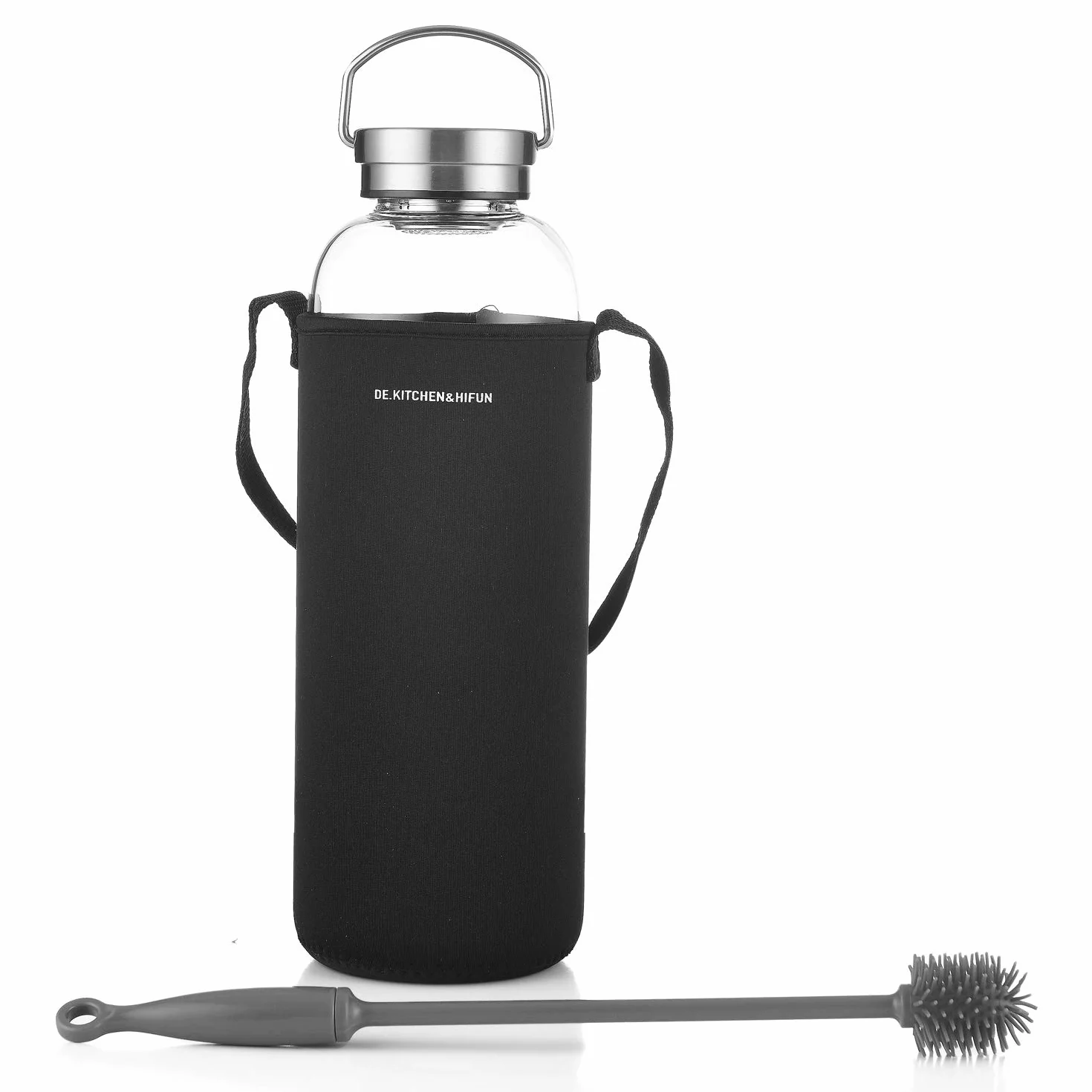 De.Kitchen&Hifun - Bottiglia d'acqua in vetro borosilicato da 2 l, grande, per succo, con filtro a tappo in acciaio, 1