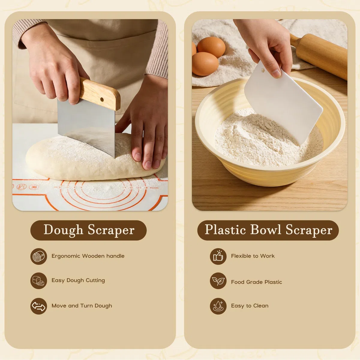 19 Pezzi Set di Cestini Lievitazione Pane 23cm e 25cm Cestino Lievitazione Pane con Raschietto per Pasta, Frusta per Impasto Kit Completo per Pasta Madre per Principianti, Panettiere Esperto