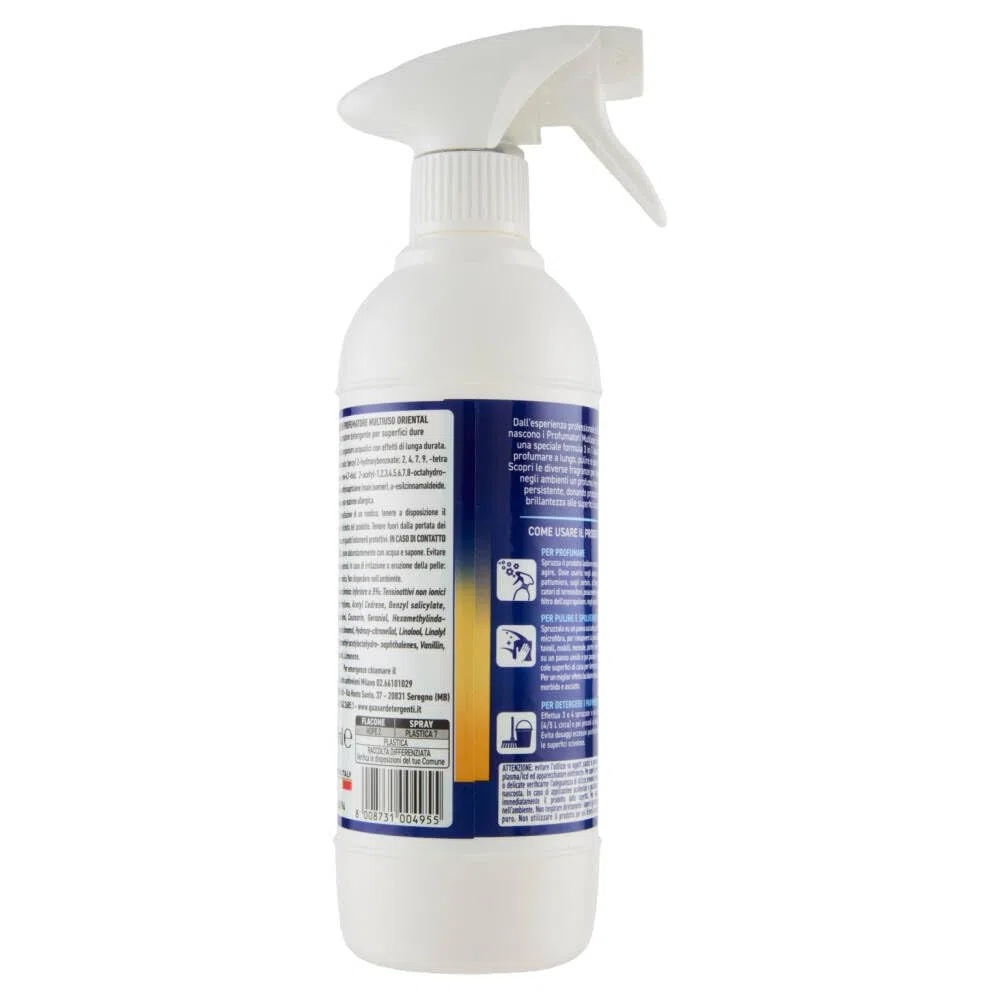 2 deodoranti Quasar Profumatore Multiuso Oriental/multiuso, fragranza a lunga durata, pulisce e depolvera spray per ambienti 500 ml + portachiavi Beni Culinari