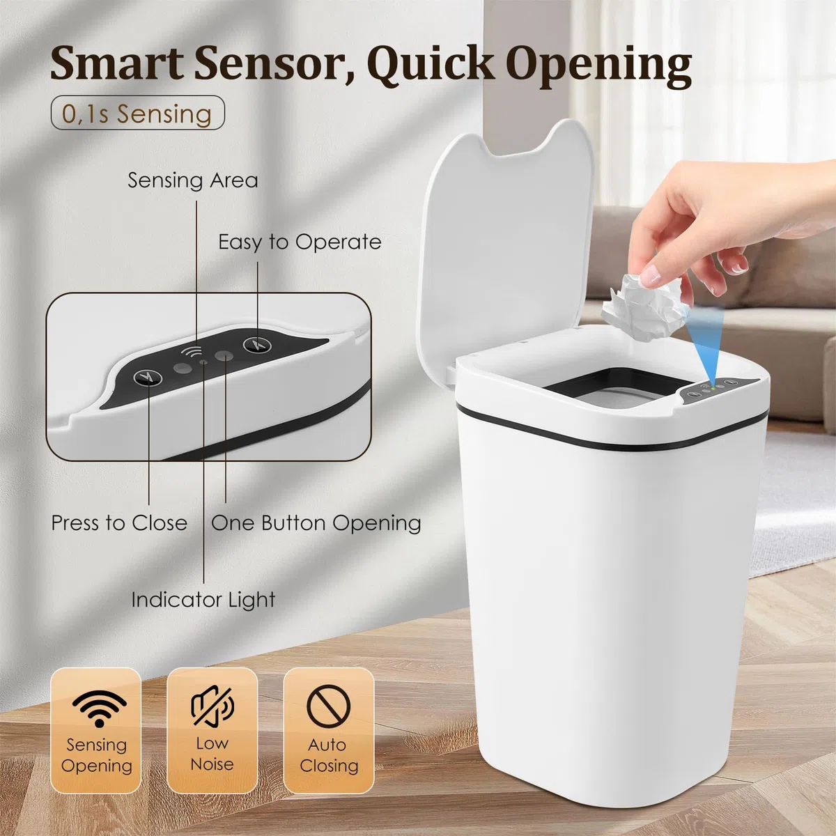 Pattumiera Automatica, 12 Litri Elettrica Pattumiera con Sensore di Movimento Intelligente, Impermeabile Pattumiera Bagno Cestino Intelligente per Bagno/Cucina/Ufficio, Set da 2, Bianco