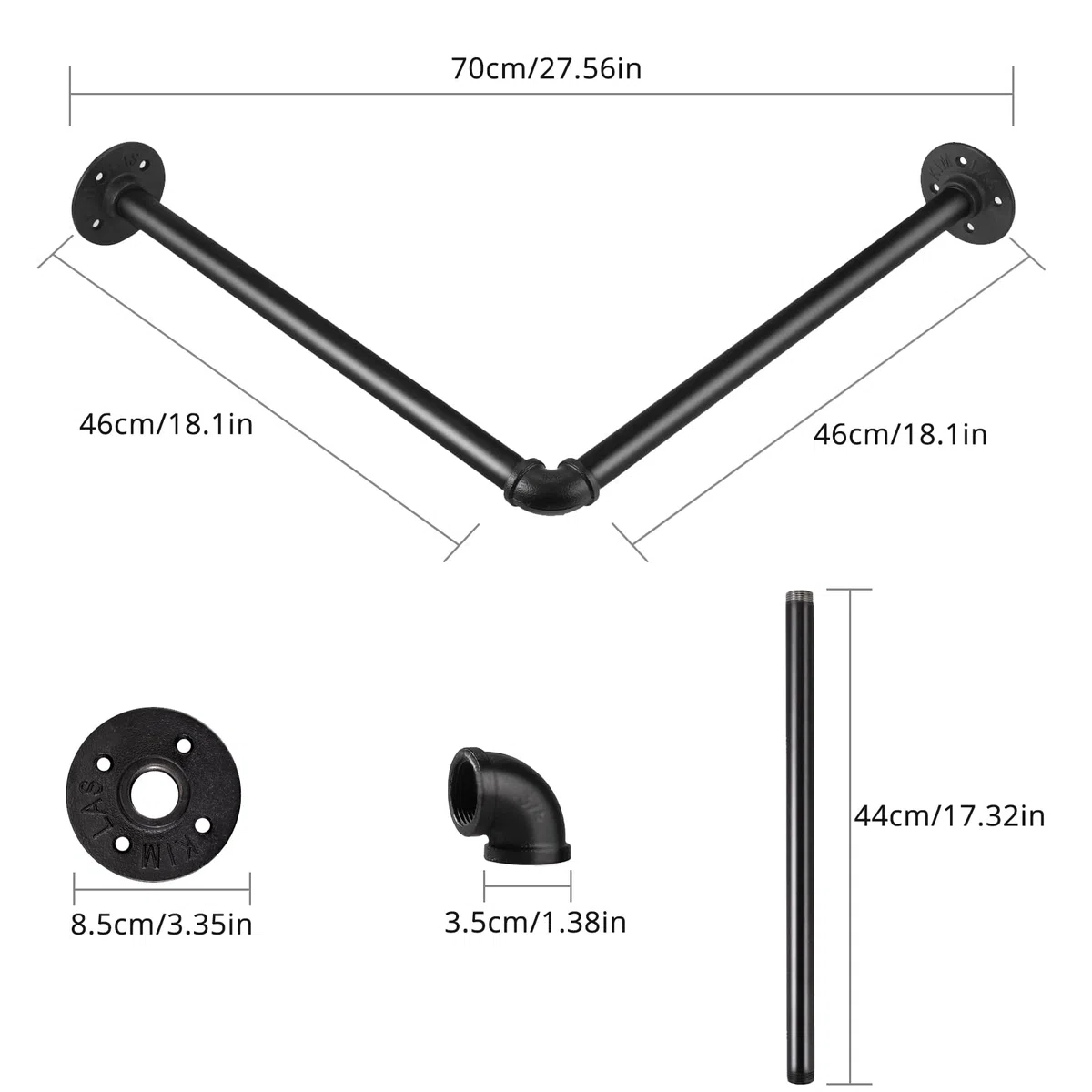TANiCE Appendiabiti da Parete in Ferro ad Angolo Retto 46cm Appendiabiti Cilindrico Industriale Retrò Staccabile Nero con Viti Ideale per Camera da Letto Soggiorno Cucina