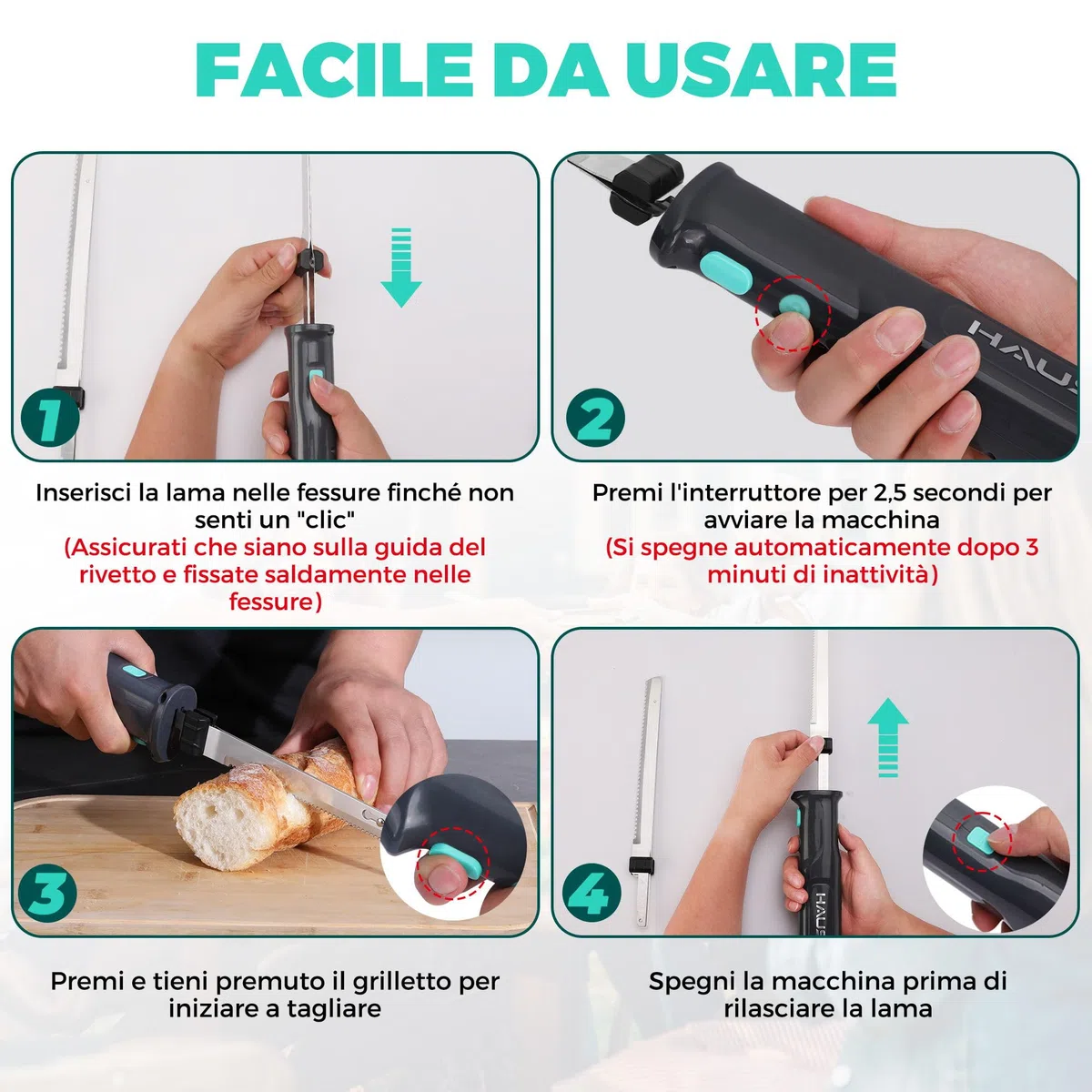 HAUSHOF Coltello Elettrico a Batteria con Coltello da Pane 18cm, Coltello da Bistecca 20cm e Forchetta, Coltello da Cucina Batteria 2000mAh, Ideale per Affettare Cotolette, Pane, Formaggio - Nero