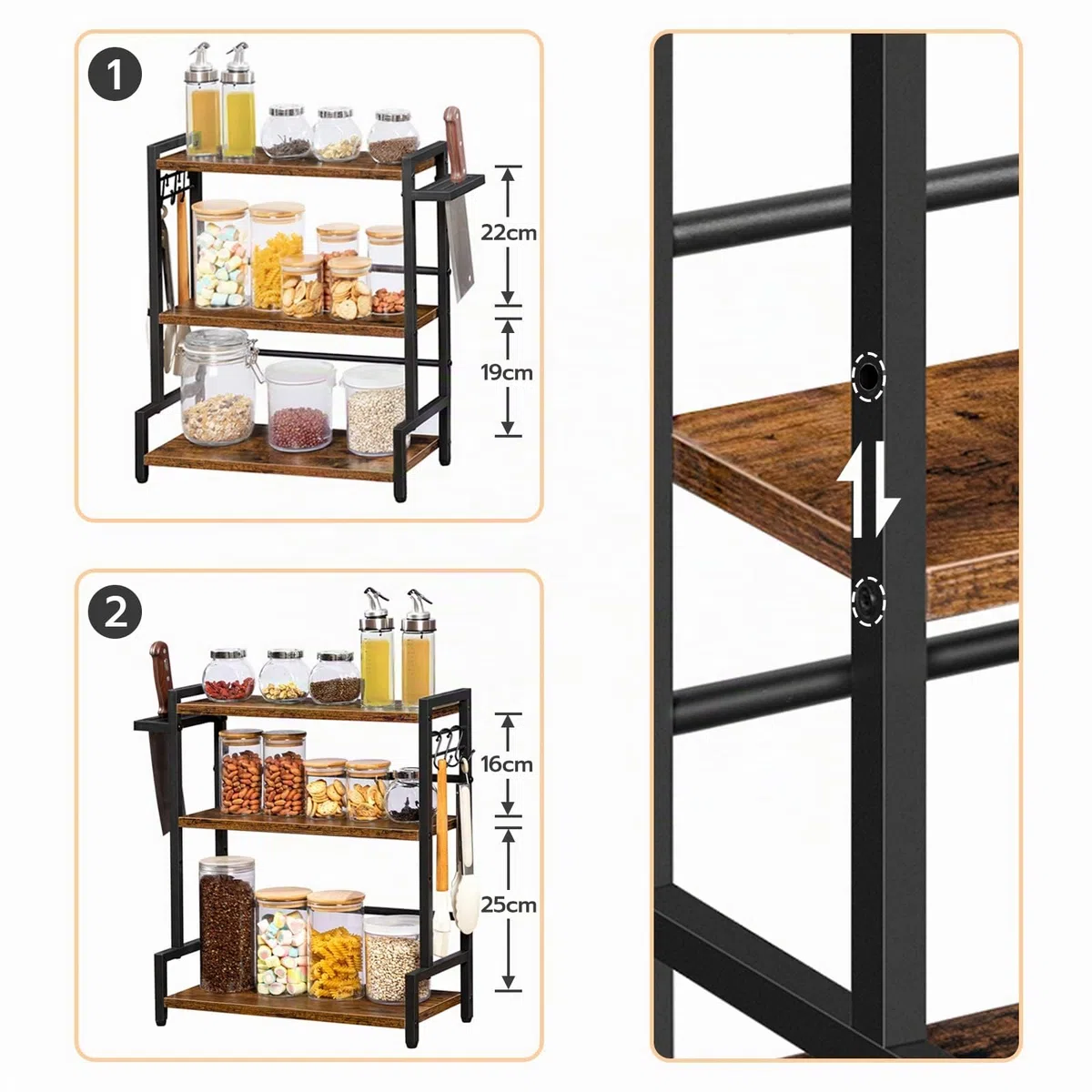 HOOBRO Scaffale Portaspezie, Organizer da Cucina con 3 Ganci, Scaffale per Condimenti 3 Ripiani, con Porta Coltello, Piedini Regolabili, Stile Industriale, per Sala da Pranzo, Cucina EBF01TL01