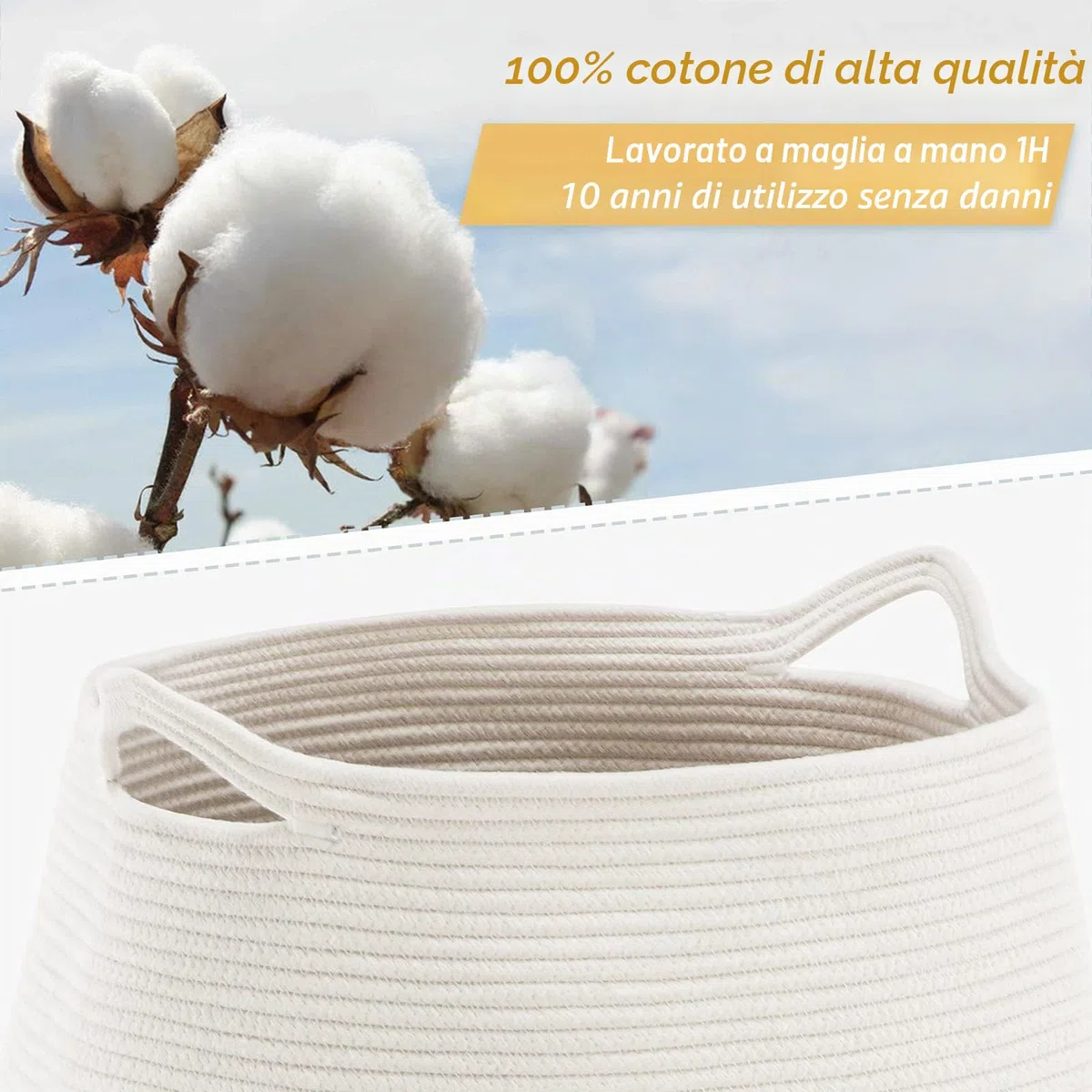YOUDENOVA Cesto Portabiancheria Portaoggetti Intrecciato 105 L Stoccaggio Cestino Tessuto Pieghevole Grande Organizzatore di Corda di Cotone Biancheria da Bagno Lavanderia con Manico Marrone