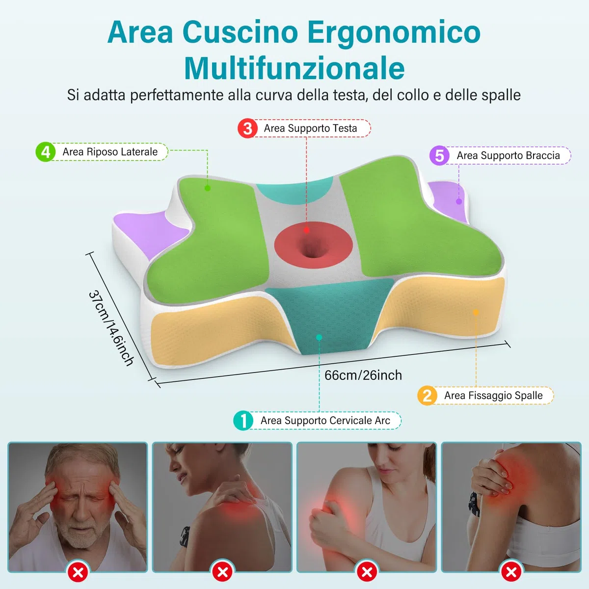 Cuscino Cervicale per Dormire, Cuscino per Cervicale, Cuscino Ergonomico in Memory Foam Adatto per Dormire su Un Fianco, Sulla Schiena o Sulla Pancia, Federa Lavabile 66x37x9/12cm (Argento)