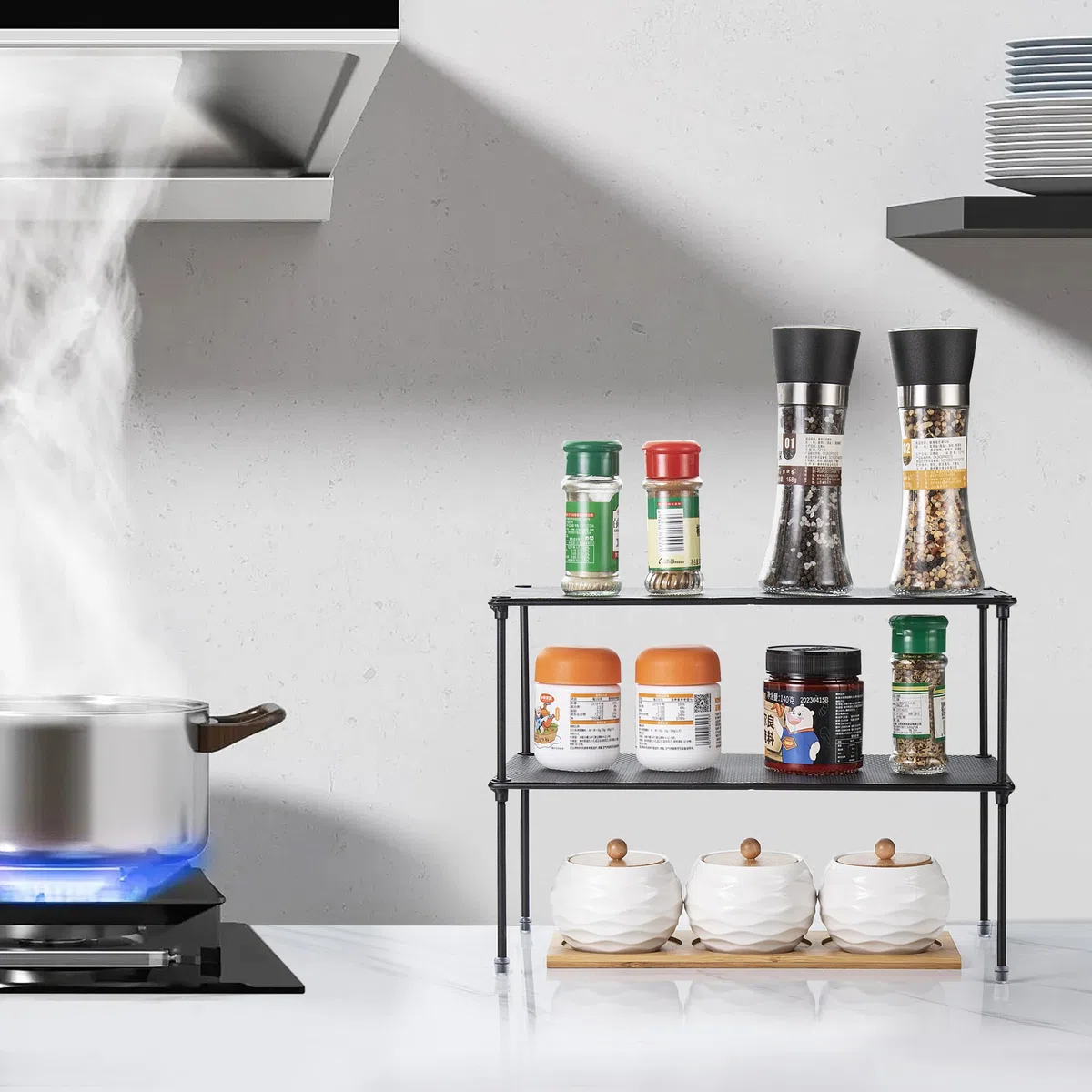 2 mensole da cucina per armadietto, 2 confezioni da organizer espandibile e impilabile, per bagno, cucina, lavanderia