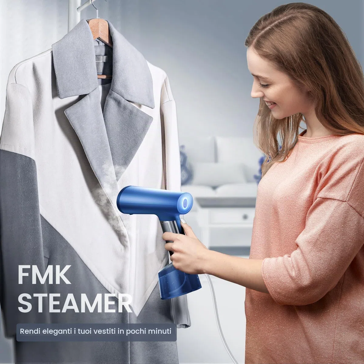 Vaporizzatori da viaggio Ferro da Stiro Verticale a Vapore, FMK Mini Stiratrice Verticale 20s Riscaldamento, Portatile Rimozione Rughe Tessuto con Pennello Ferro da Stiro a Vapore per Tende Blu