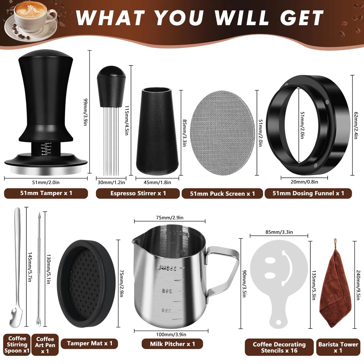 Y-Step Set di Tamper per Caffè 51mm, Set di 25 Accessori da Barista con Dosierring 51mm, Puck Screen 51mm, Panno da Barista, Strumento WDT, Mestolo da Caffè, Tappetino per Tamper, Set per Latte Art