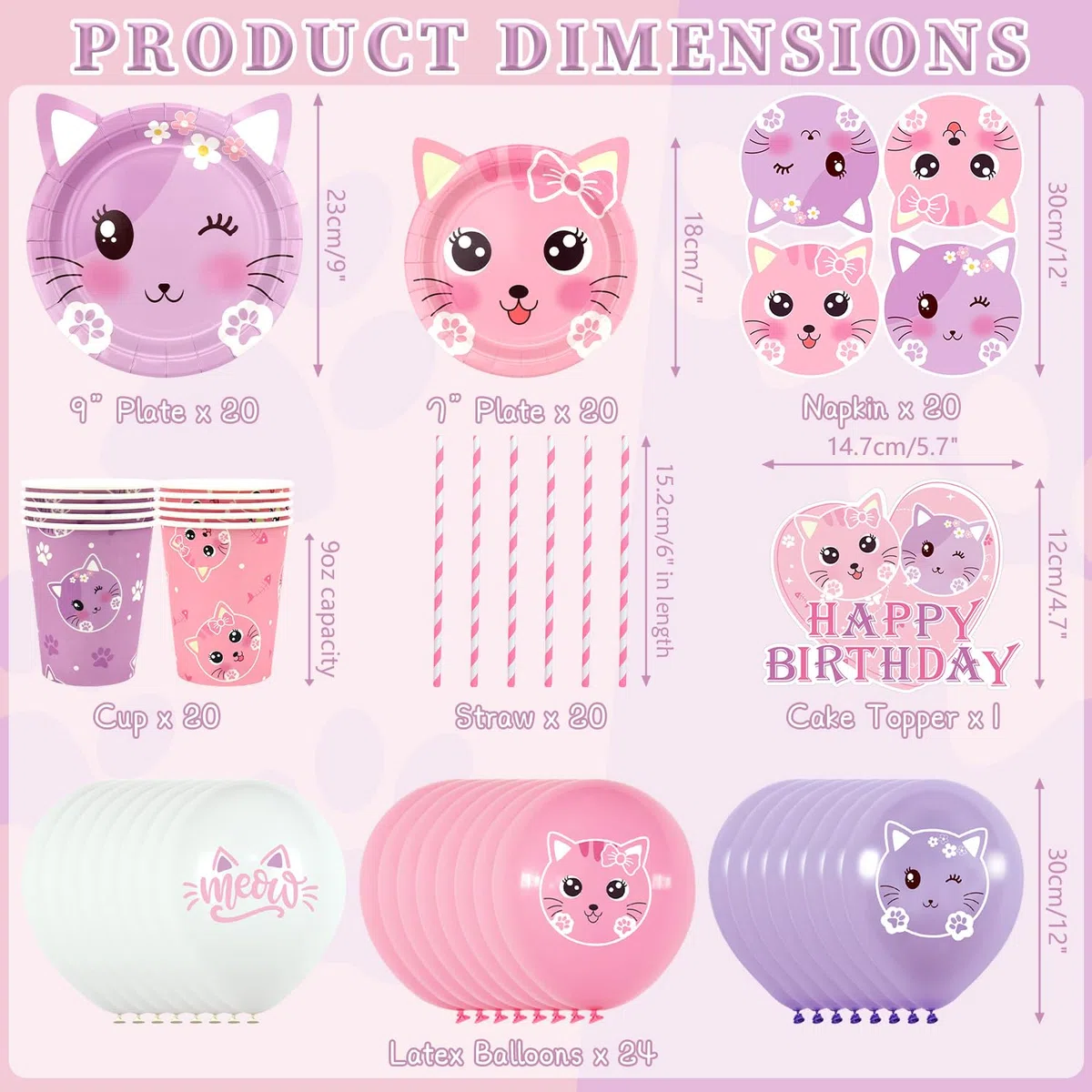 Set di accessori per la festa di compleanno del gatto, striscione di buon compleanno, piatti, tovaglia, tazze, palloncini, cannucce per le decorazioni della festa del gatto per bambini, per 20 ospiti