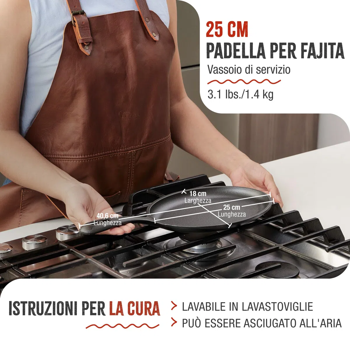 VICTORIA Padella per Fajita in Ghisa Smaltata Induzione da 25cm, Adatta per, Fuoco, Barbecue, Forno, Vetroceramica e Gas, Cast Iron Skillet Senza Sostanze Tossiche, Senza PTFE e PFOA