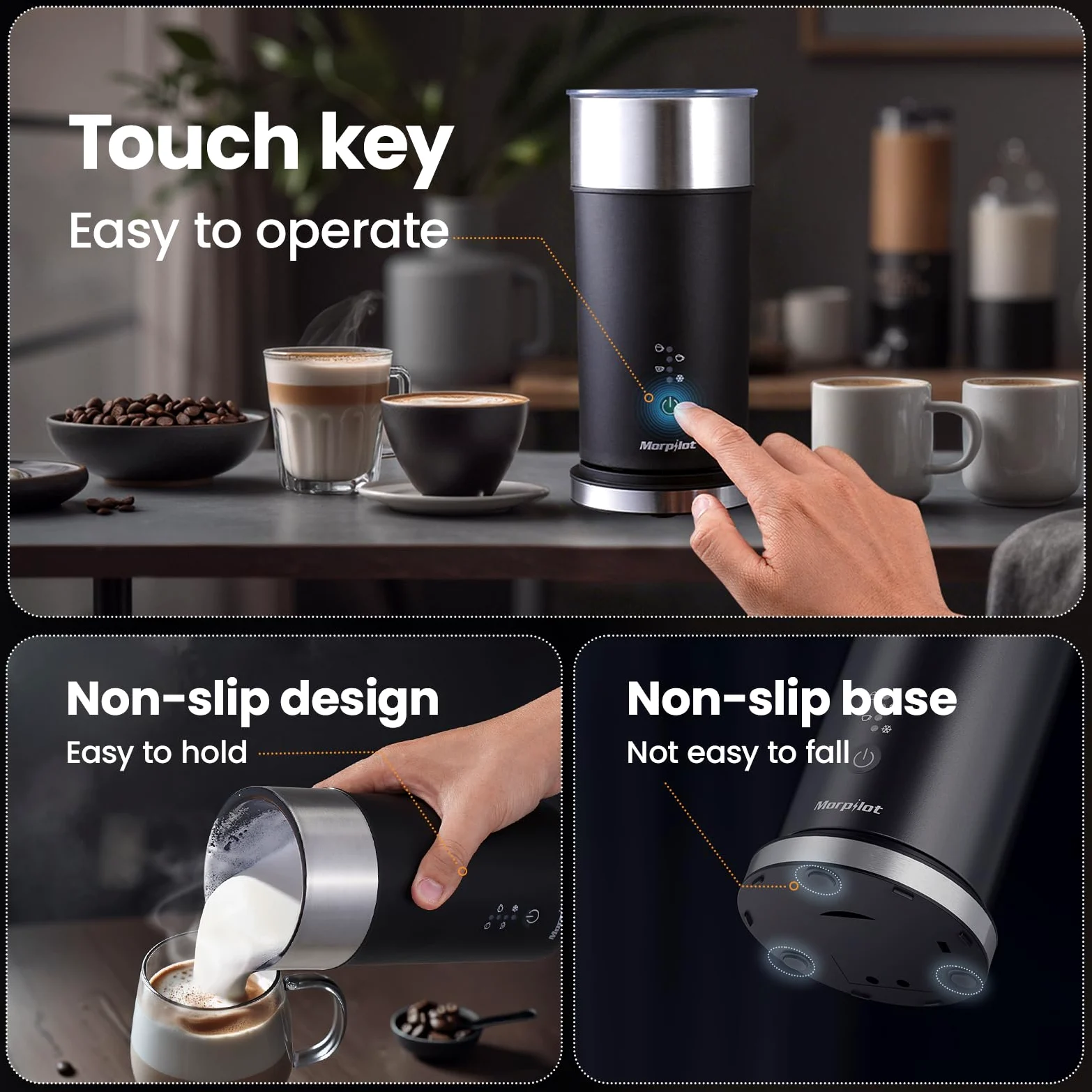 Montalatte Elettrico Automatico, Morpilot Milk Frother, 4 in 1 Funzione, Capacità Massima 115 ml - Modalità Schiuma, 240 ml - Modalità Latte Caldo