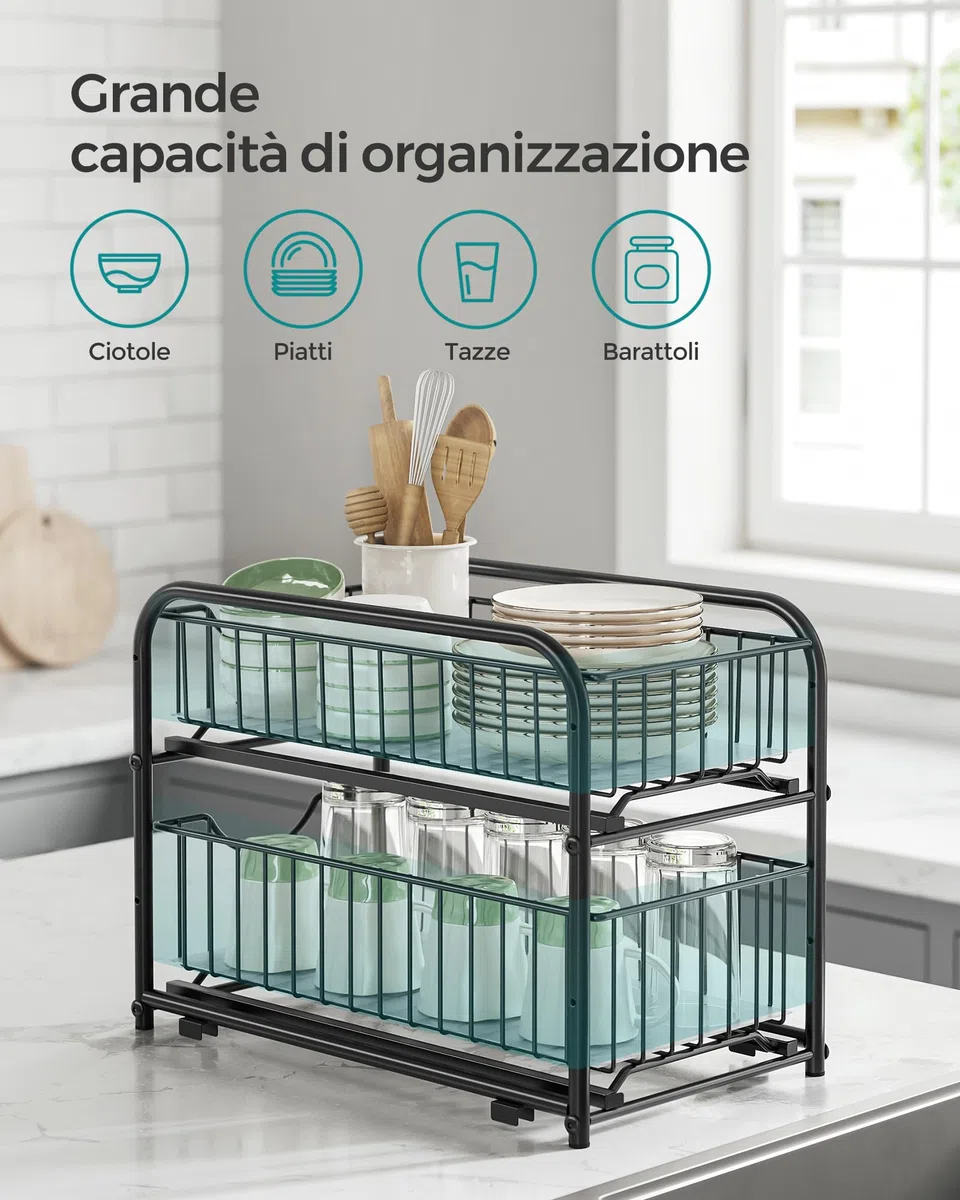SONGMICS Organizzatore da Cucina, Scaffale a 2 Ripiani Estraibili per Armadietto, Organizzatore Impilabile Sottolavello con Cassetti Portaoggetti, per Cucina, Bagno, Nero Inchiostro KCS017B01V1