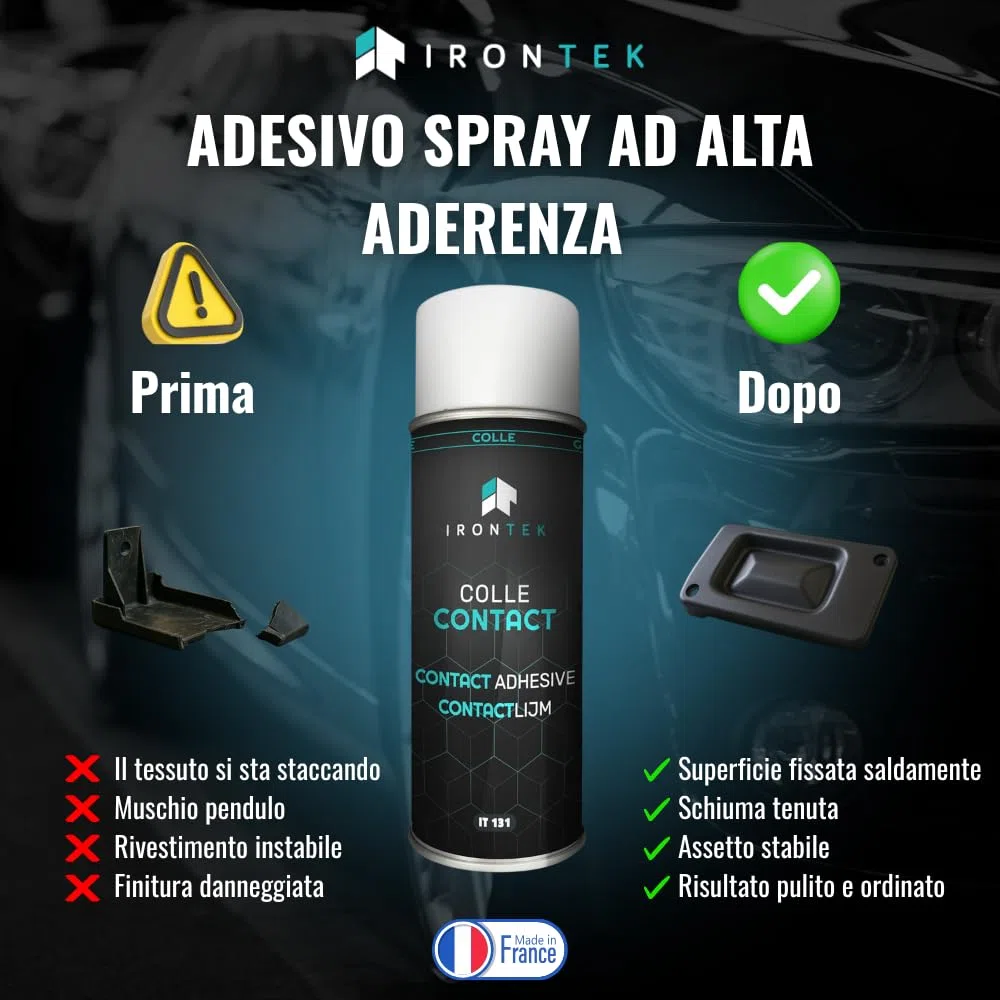 Colla Spray a Contatto 400ml - IRONTEK - IT131 | Neoprene Senza Filamenti | Alta Resistenza | Tessuti Gomma Plastica | Riposizionabile