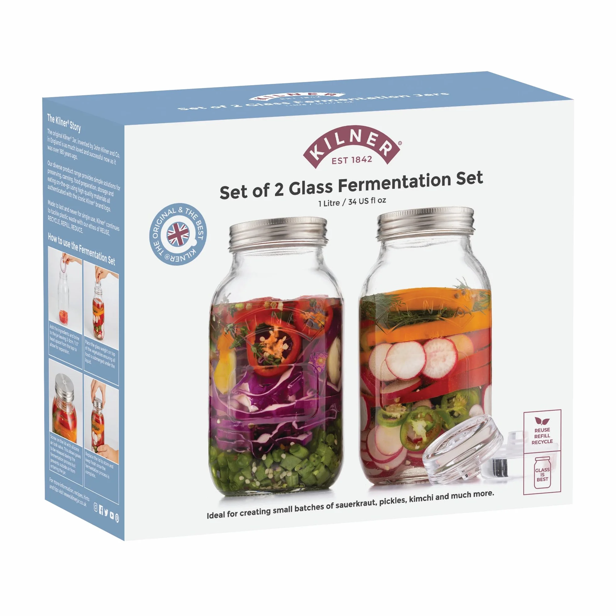 KILNER Set di fermentazione / 2 barattoli da 1 litro con coperchio di fermentazione/facile conservazione di verdure/fermentazione Starter Set/Conservare verdure come crauti e kimchi/Barattolo