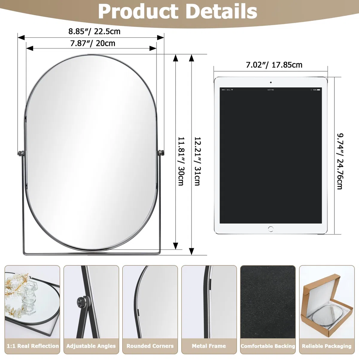 TSKDKIT Specchio cosmetico, Specchio da trucco ovale con cornice in metallo nero cromato, 31L cm x 22.5W cm Specchio da tavolo portatile per tavolo, bagno, comò, soggiorno, camera da letto, ufficio