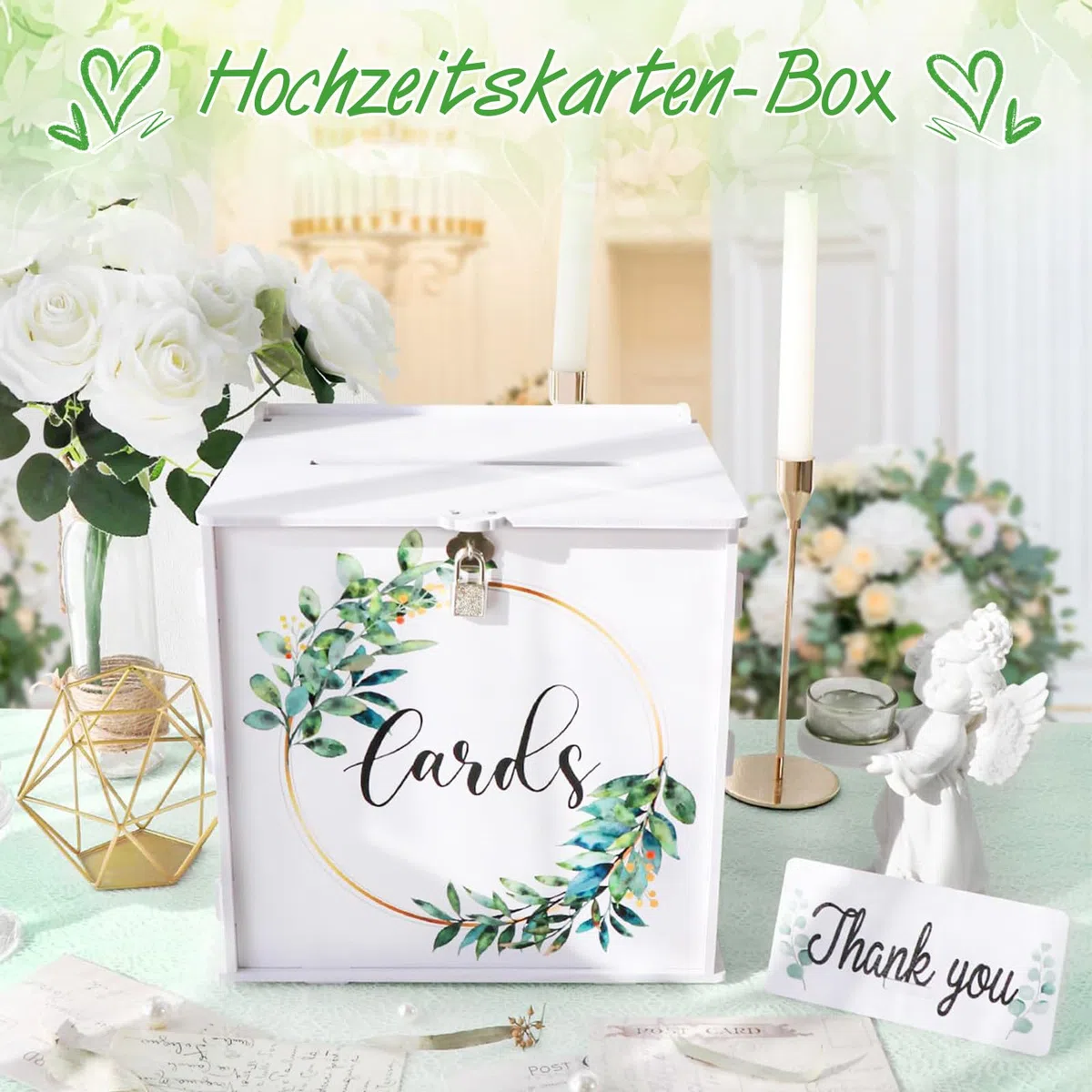 Scatola per biglietti di nozze con lucchetto, in PVC bianco, per ricevimento di nozze, eucalipto, fai da te, per feste, lauree, baby shower, compleanno