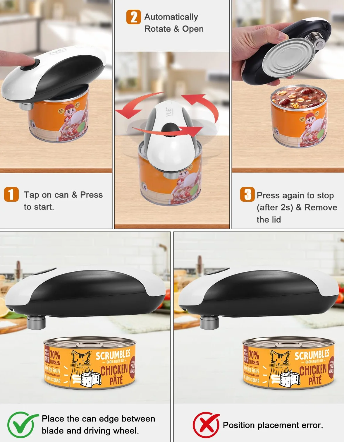 YUET Apriscatole Elettrico USB Ricaricabile, Apertura Automatica con Un Tocco, Senza Mani e Bordo Sicuro Levigato, Elettrodomestico Portatile per Anziani e Artritici, Mani Libere
