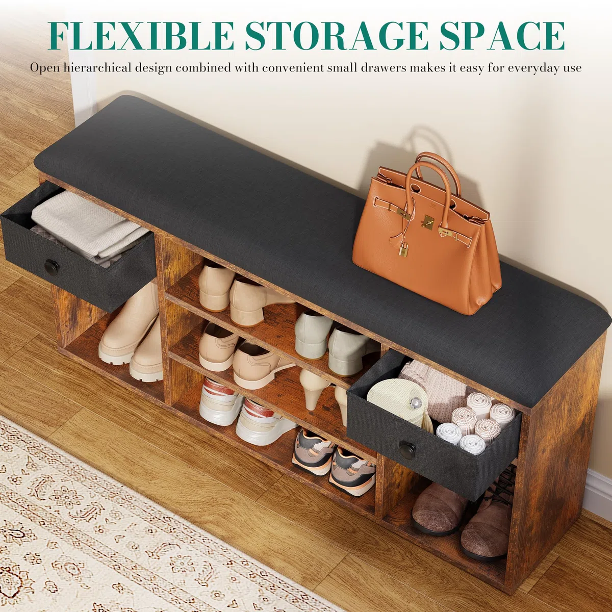 YITAHOME Panca Scarpiera, Scarpiera Ingresso con Sedile Imbottito, Panca Contenitore con 2 Cassetto e Scomparti Aperti, per Ingresso, Soggiorno, Camera da Letto, 30x105x50 cm, Marrone e Nero