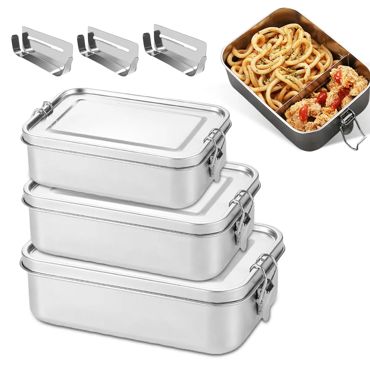 PORFOYO 3 contenitori in acciaio inox con scomparti, 850 ml, 1400 ml, 2400 ml, con coperchio, scatole bento in acciaio inox 304 con divisori rimovibili, impermeabili e portatili, facili da pulire