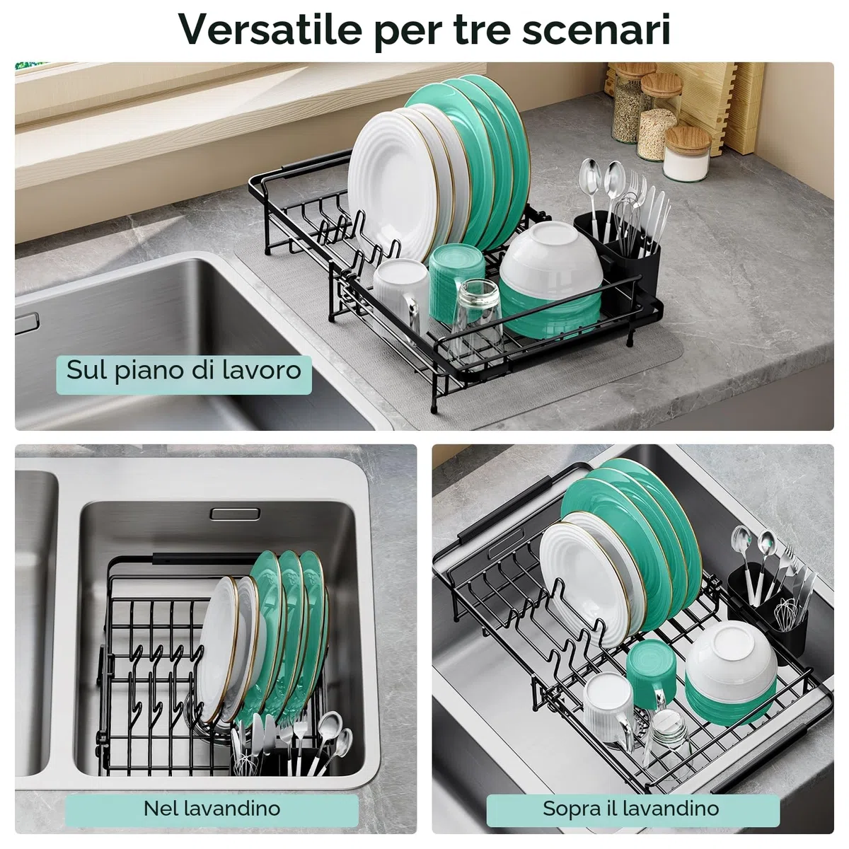 KINGRACK Scolapiatti da Appoggio - Scolapiatti da Lavello con Porta Utensili, Scolapiatti Estensibile Sopra il Lavello, Scolapiatti da Appoggio per Lavello da Cucina per Verdura Frutta Piatti