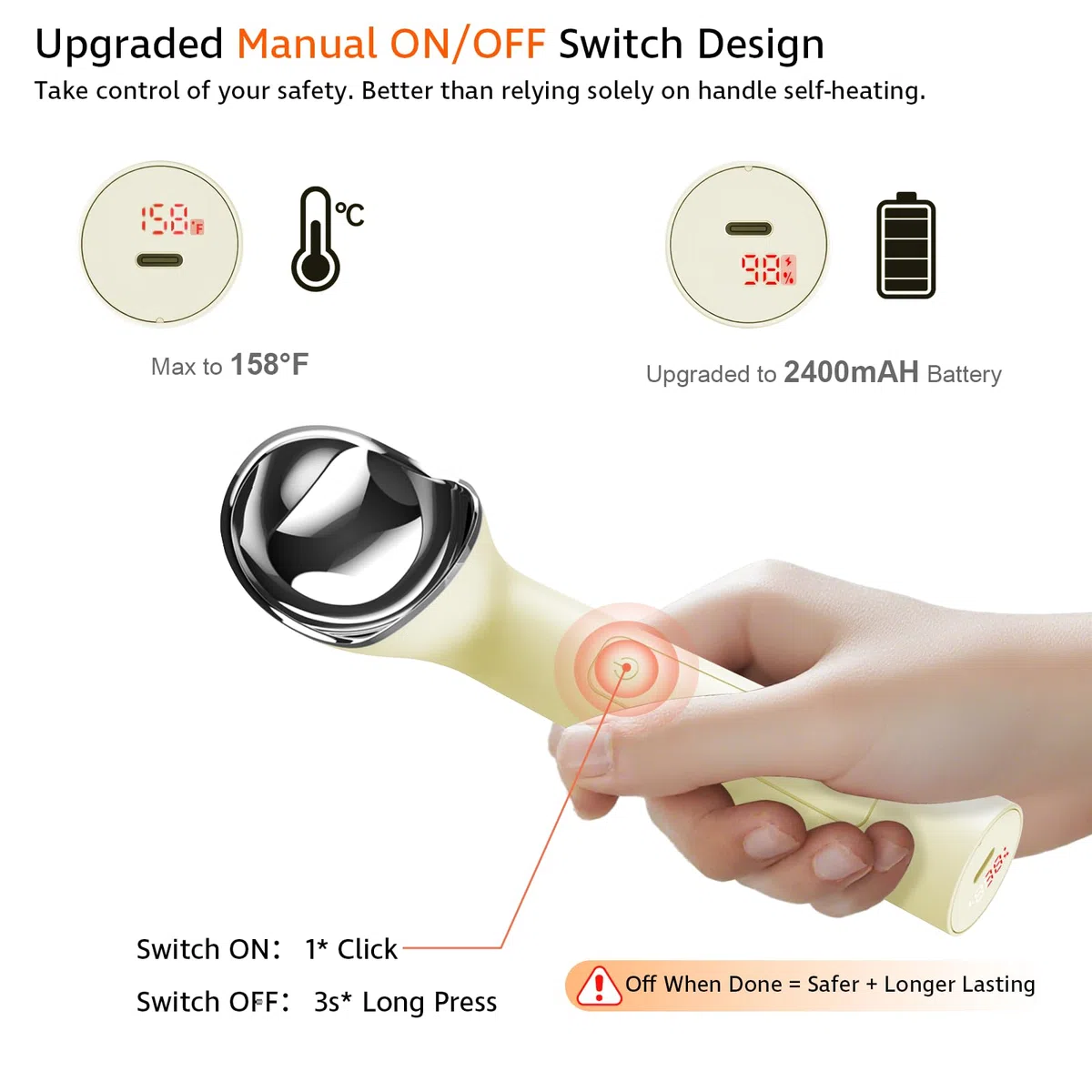 Paletta per gelato riscaldata con interruttore on/off (ultima generazione 3.0): paletta elettrica ricaricabile per gelato con supporto, gadget da cucina 2025 per gelato duro, impermeabile