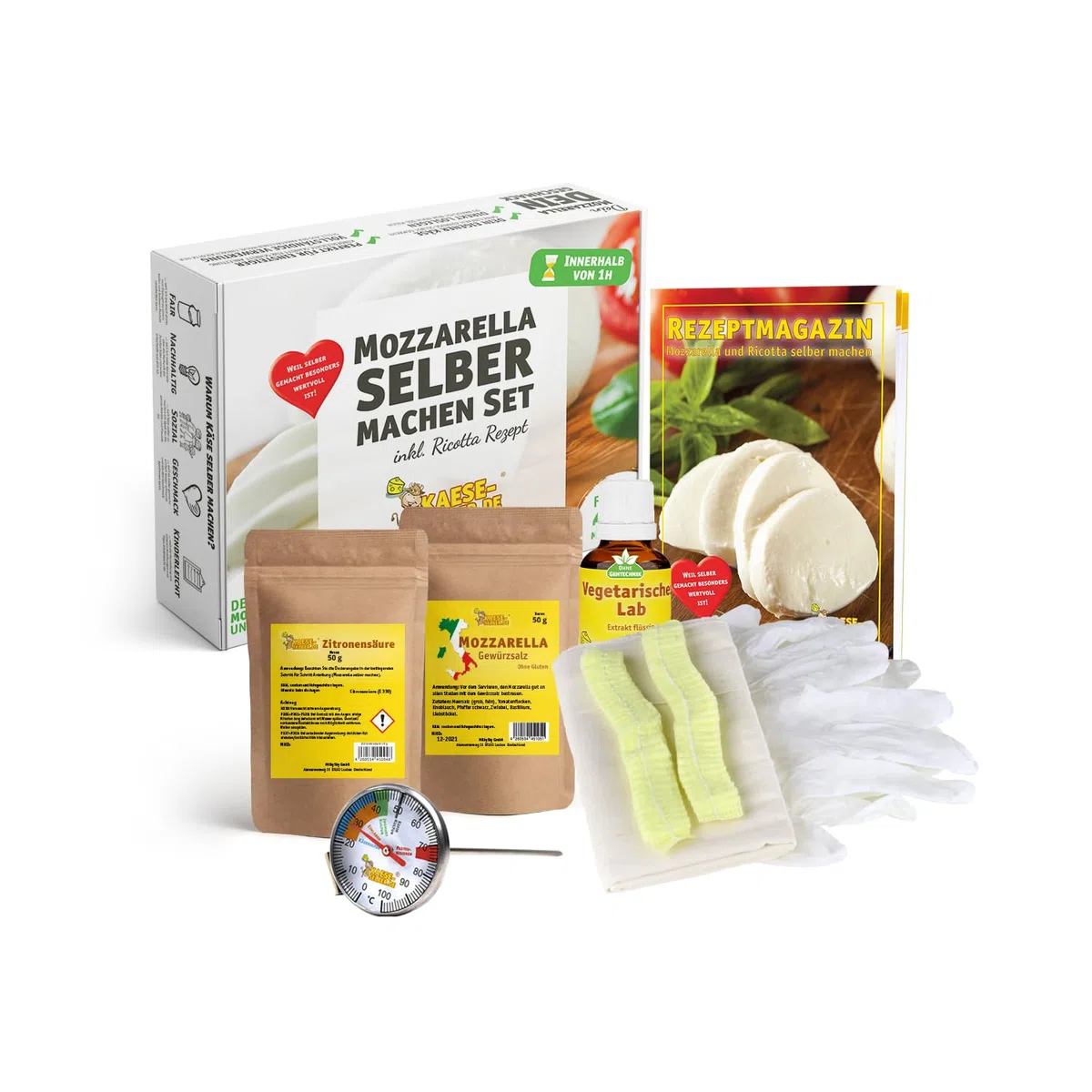 kaese-selber.de Formaggio Fai da Te Starter Set Mozzarella e Ricotta, Bianco, sofort startklar