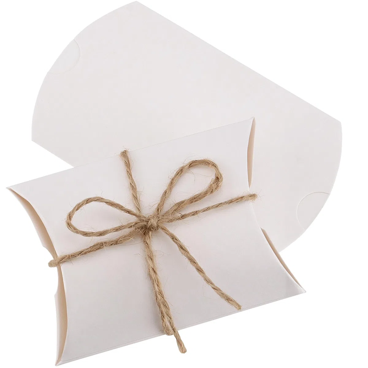150 scatole per cuscini piccole, 9x6,5 cm, carta kraft bianca, confezione regalo con 150 corde iuta 60 cm, scatola pieghevole