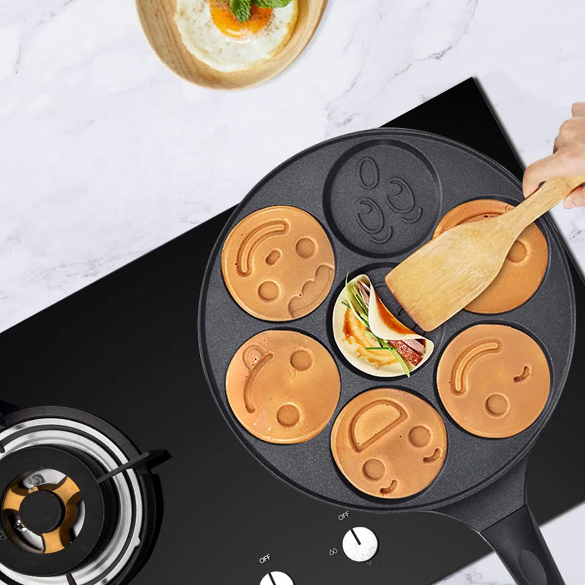 KARL HAUSMANN Padella Pancake Induzione - 26 cm - 7 x Stampo Maker - Antiaderente Pentola Pancakes - Bambini con Motivo Smiley - Padella per Uova Occhio di Bue - Padelle in Alluminio - Pentole Pancake
