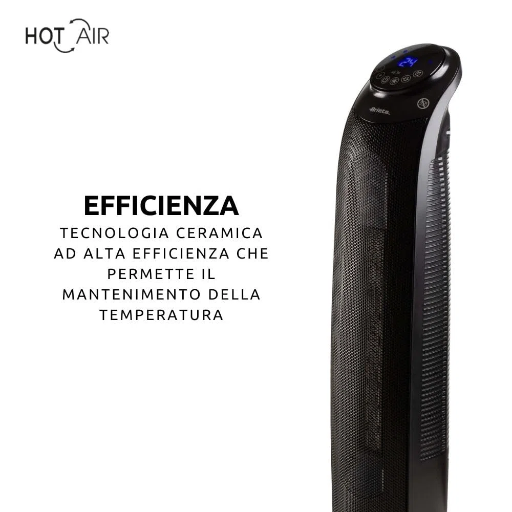 Ariete 8213 Termoventilatore a torretta, 2200W, 3 velocità, Timer fino a 8 ore, Funzione ventilazione, Funzione oscillazione, Tecnologia ceramica, Led display, Nero