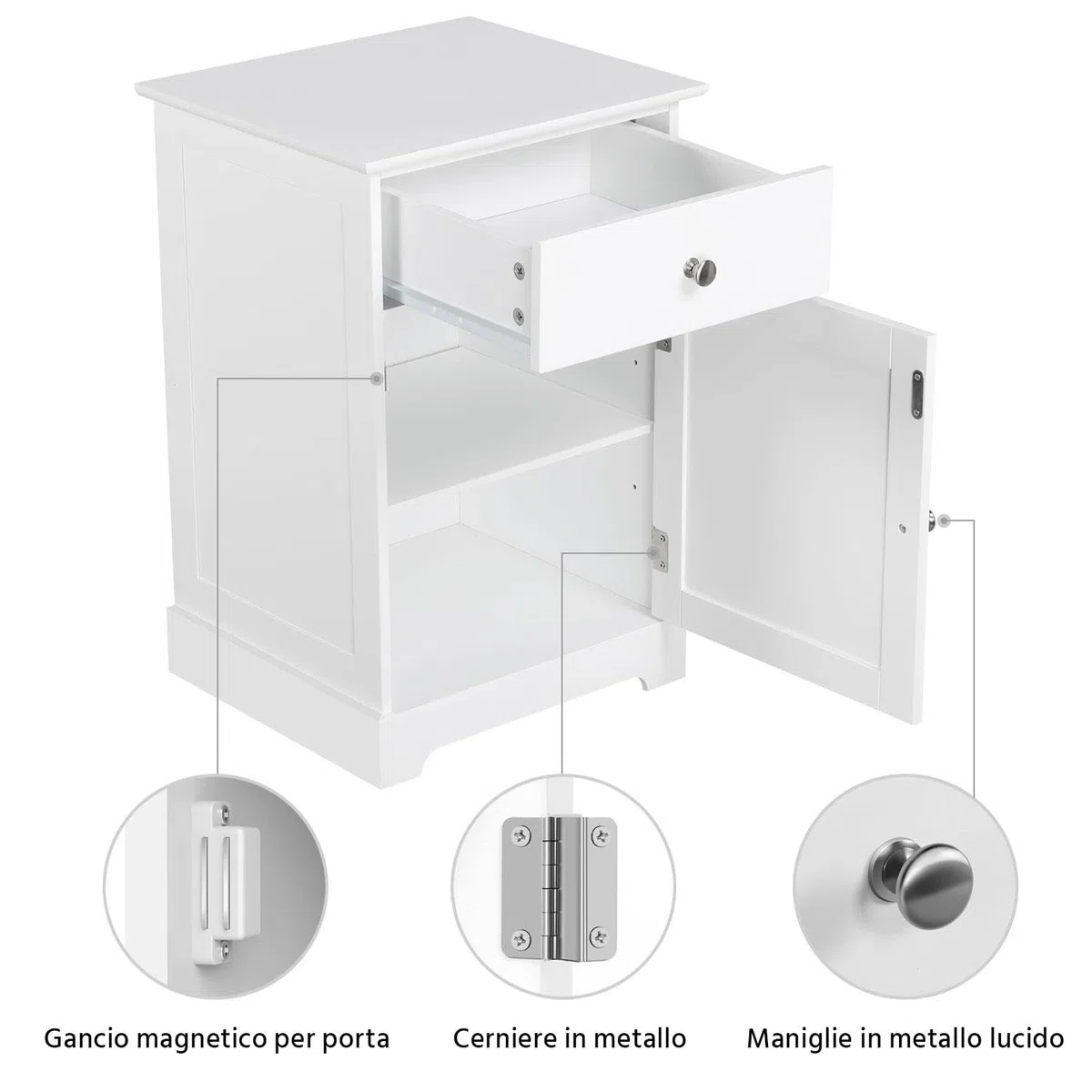 Yaheetech Comodino Camera da Letto Bianco Mobiletto con Cassetto Mobile da Notte Armadietto Moderno da Cameretta Tavolino Laterale da Salotto 40 x 35 x 60 cm